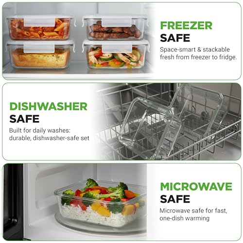 NutriChef 10-Piece Superior Glass Food Storage Containers Set (5 Containers + 5 Locking Lids),Stackable Meal-prep Design, BPA-free Airtight Clear Locking lids with Vent Lids & Air Hole, NCCLX5