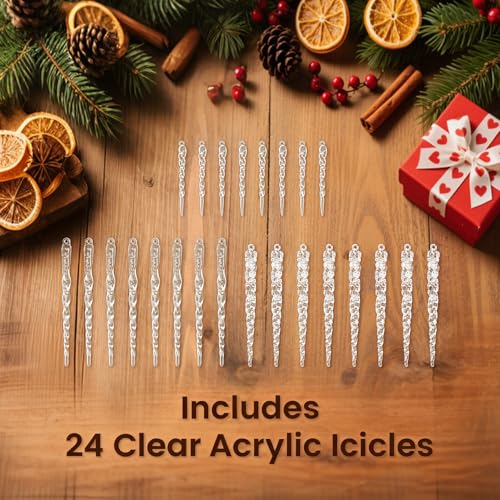 FUTUREPLUSX 24 pcs Clear Acrylic Icicle Ornaments, Twisted Crystal Look, Ready to Hang