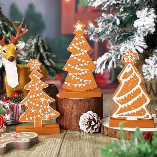Syhood Christmas Gingerbread Tree Decor - 3 Pcs Wooden Tabletop Holiday Centerpieces