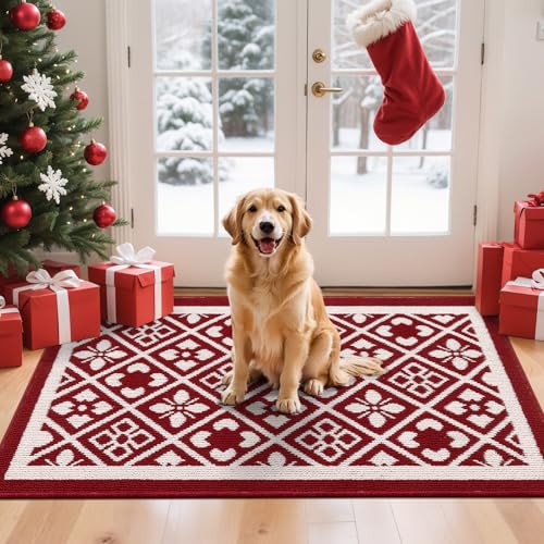 Ileading Christmas Indoor Doormat 32x48 Inches Washable Red Muddy Rugs for Dogs