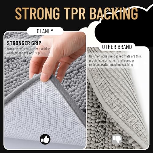 OLANLY Striped Chenille Bath Rug 30x20 Grey Absorbent Rubber Backing