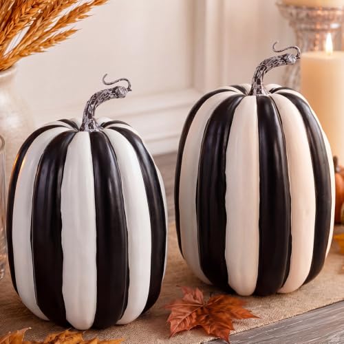 2 Pcs Large Artificial Foam Pumpkins, 8.6-Inch Black and White Striped Decor