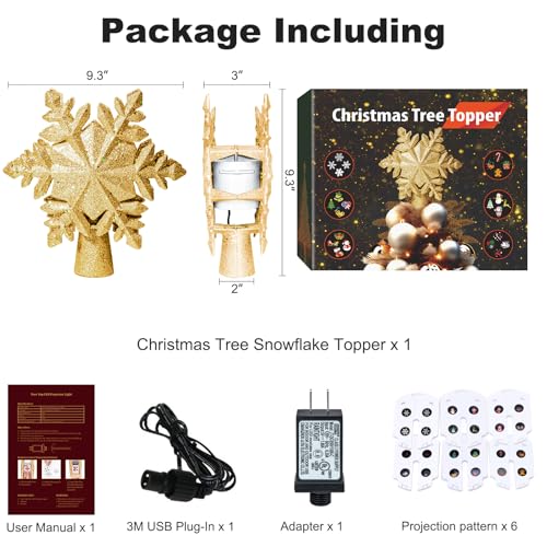 Golden Snowflake Christmas Tree Topper with LED Rotating Projector Light