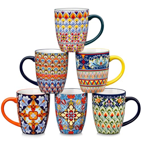 Vancasso SIMI 16 oz Coffee Mug Set of 6 - Ceramic Boho Pattern Drinkware