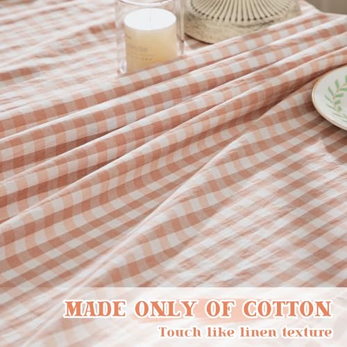 KKJIAF Light Pink Gingham Tablecloth 60 x 120 Inch, Cotton Plaid Table Cover