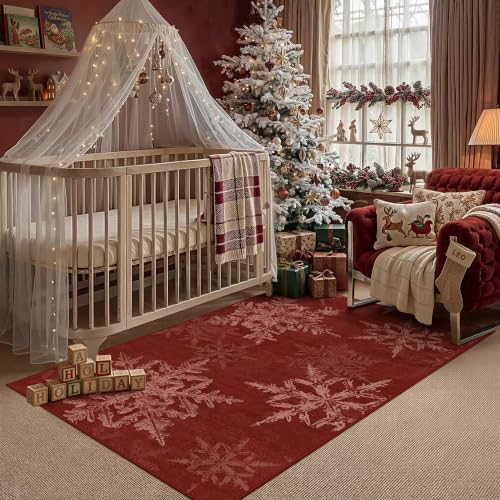 Berthmeer 3' x 5' Red Snowflake Christmas Area Rug | Washable, Non-Slip Backing