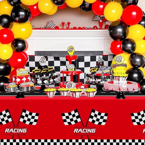 3-Pack Racing Car Plastic Tablecloths, Checkered Race Party Decor 54 x 108