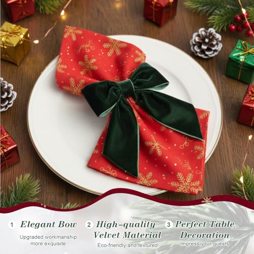 Gandeer Dark Green Velvet Bow Napkin Rings Set of 12 for Wedding Holiday Dinner