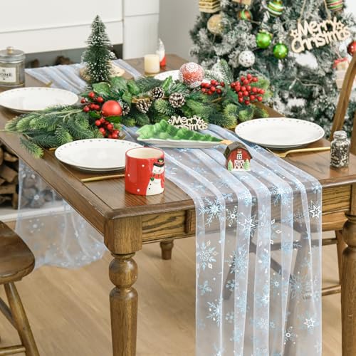 Artoid Mode Blue Snowflakes Merry Christmas Gauze Table Runner 28 x 120 Inch / 120in White-Blue