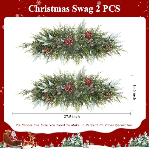 U'Artlines Green Christmas Swag 27.5 Inch Artificial Holiday Decor for Front Door & Indoor/Outdoor Use