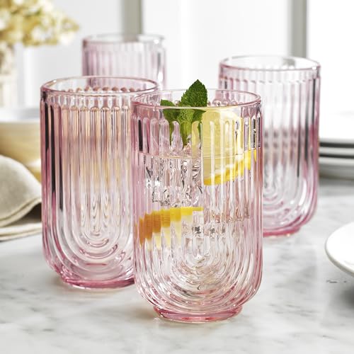 Glaver's Pink 17oz Vintage Glassware Set of 4 Art Deco Ribbed Drinking Tumblers