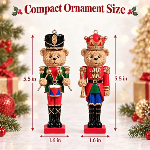 3D Teddy Bear Christmas Ornaments Set of 2 - Resin Holiday Tree Decorations