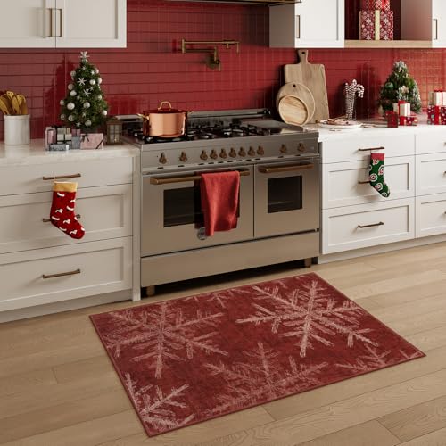 Lahome 2x3 Red Snowflake Christmas Rug - Christmas Kitchen Area Rug (2' x 3')
