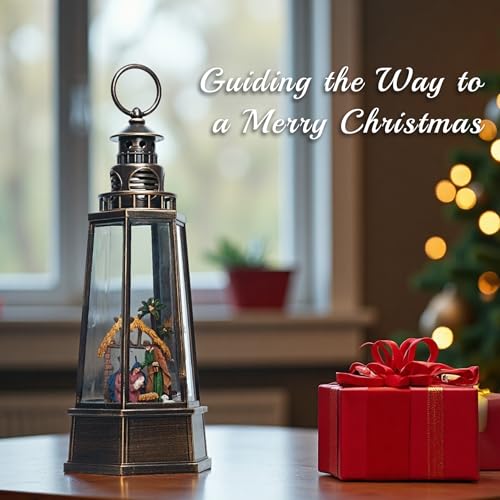 SMOOTHWIND 13.5'' Christmas Nativity Snow Globe Lantern WGL-BLJ - Retro Lighthouse, USB/Battery Powered, Music & Light