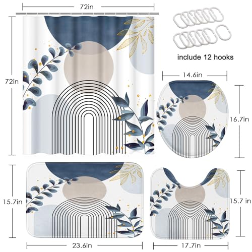 4-Piece Boho Leaf Bathroom Set with Shower Curtain, Bath Mat and Rugs
