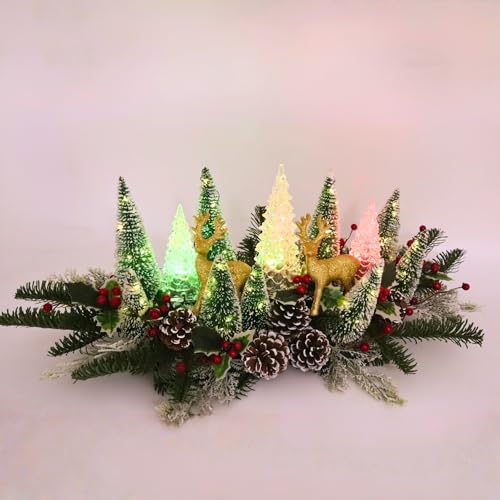 Lighted Christmas Centerpiece with LED Acrylic Trees & Gold Reindeer, Flocked Pine, Timer, Holiday Decor