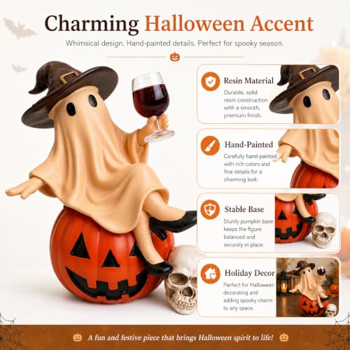 Resin Halloween Ghost Figurine with Witch Hat, Pumpkin & Wine Glass Decor