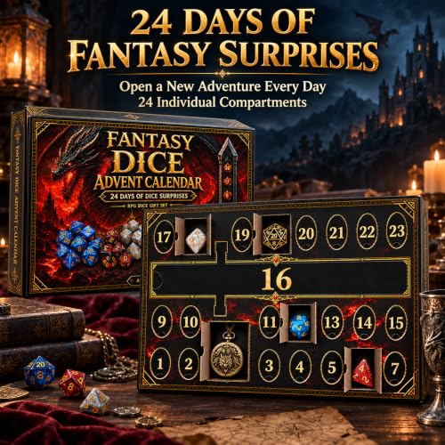 DND Dice Advent Calendar 2026 with Pocket Watch and Dragon Pins for RPG Fans