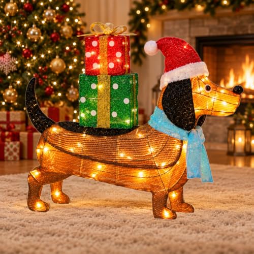 2.5ft x 2.3ft Lighted Christmas Dachshund Holiday Decor with Santa Hat & Gifts