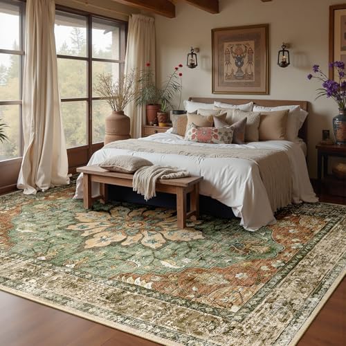 RELEANY Washable Area Rug 8x10 Vintage Floral Boho Non-Slip Pet Friendly
