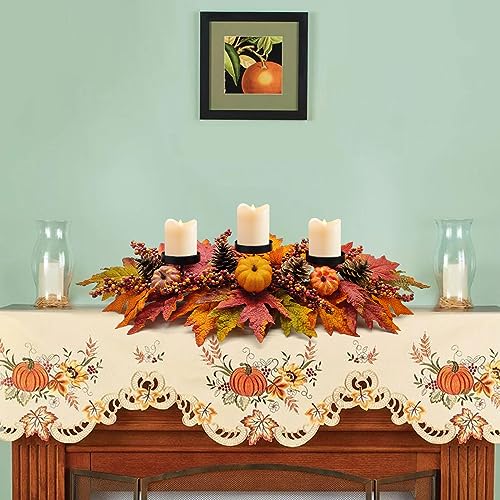 Fall Centerpiece for Dining Table with Artificial Pumpkins Berries and Leaves - 27.5 Inch