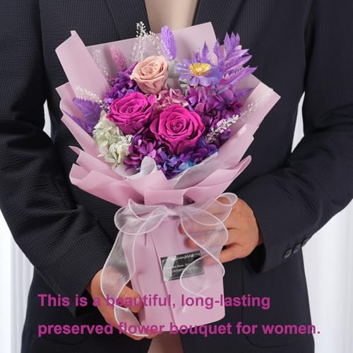Handcrafted Preserved Purple Rose Bouquet in Gift Box - Lasts 3+ Years