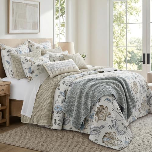 King Bedspread Set with Floral Design & Reversible Shams - Cotton