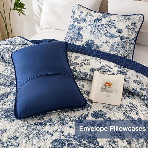 Botanical Floral Queen Quilt Set - 3-Piece Reversible Navy Blue Bedspread