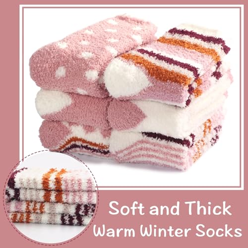 Horuru Women's Fuzzy Cozy Slipper Socks Pink White - Winter Warm Gift
