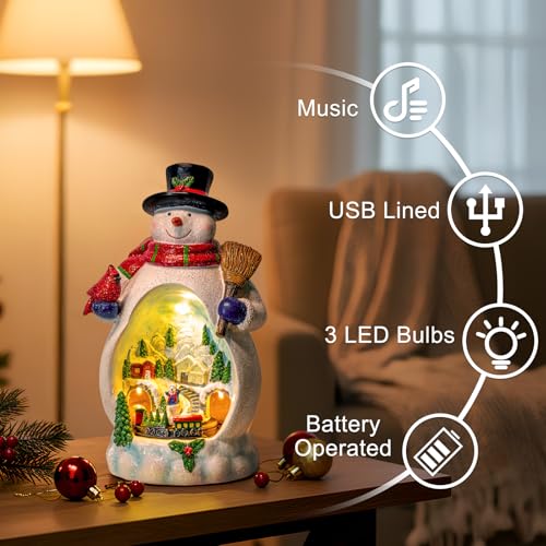 ZQQLITE Snowman Christmas Village Figurines with Rotating Train & Music - Lighted Holiday Decor