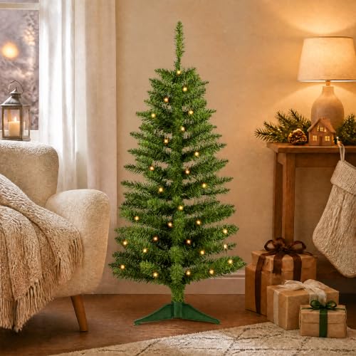 PineSpark 4ft Green Christmas Tree with Lights - Blue Accent, 122 Tips, 50 LED Pre-lit, Foldable