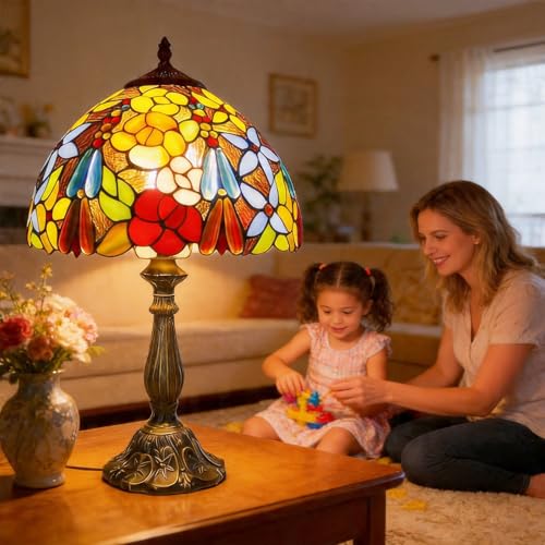 Plynvexa Tiffany Sunflower Stained Glass Table Lamp 12" Multicolor Flowers
