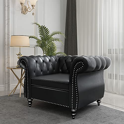 2-Piece Chesterfield Leather Sofa and Chair Set with Nailhead Trim