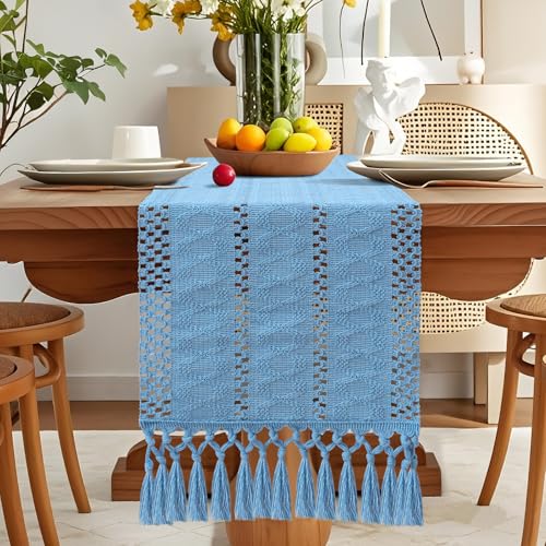OTOSTAR Boho Table Runner Blue 12x36 Inches Woven Rustic Farmhouse Decor