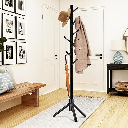 Freestanding Wooden Coat Rack Tree with 8 Hooks & Adjustable Height