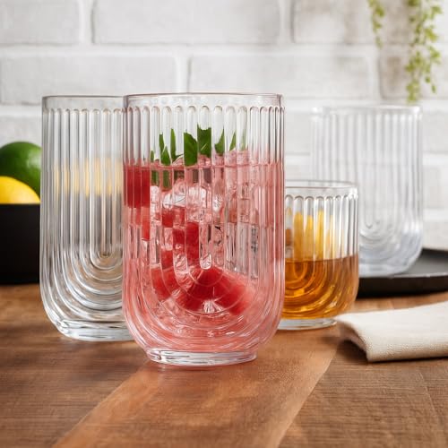 16-Piece Ribbed Glassware Set, Art Deco Highball and DOF Drinking Glasses