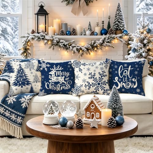 Blue Reindeer Christmas Pillow Covers 18x18in (Set of 4) - KISVODS