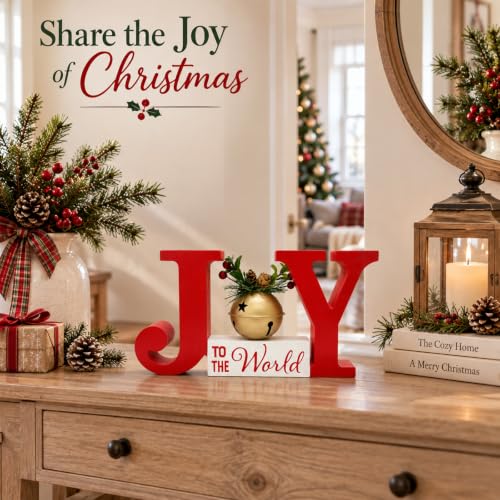 Joy to the World Wooden Christmas Decor Sign with Bell, Farmhouse Red