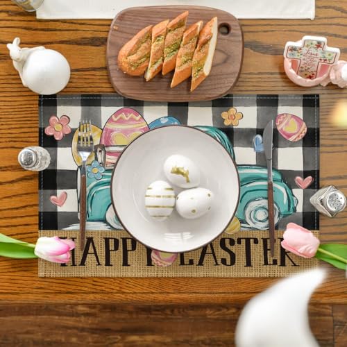 Artoid Mode 12x18 Inch Set of 4 Buffalo Plaid Carrot Egg Truck Easter Placemats, Rectangular Seasonal Table Decor