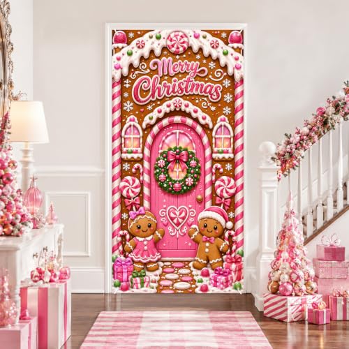 Pink Gingerbread Door Cover - 72x35 in Gingerbread Christmas Banner, Noravexil