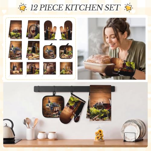 12-Piece Wine & Grapes Kitchen Decor Set: Towels, Mitts & Pot Holders