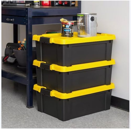 Heavy Duty Storage Tote - 12-Gallon Stackable Bins with Latching Lid | Black 3-Pack