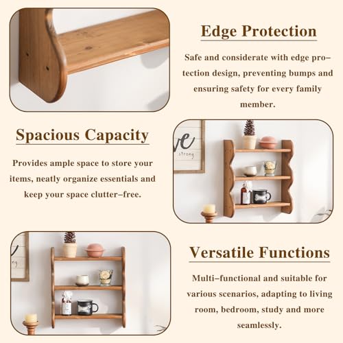 3-Tier Solid Wood Floating Wall Shelf - Rustic Farmhouse Storage Rack
