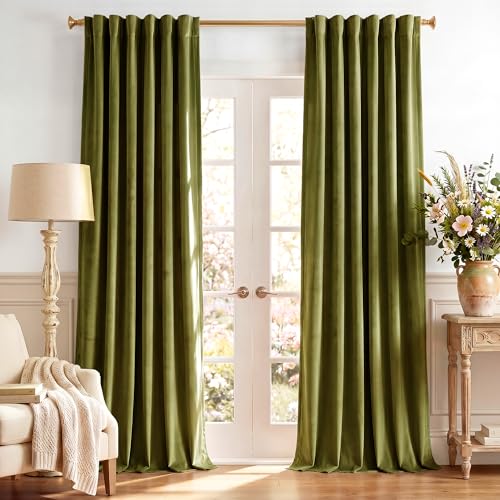 StangH Olive Green Velvet Drapes 52"W x 105"L (Pack of 2) - Living Room, 300 GSM Poshed Velvet