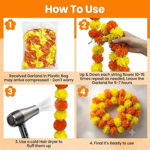 Artificial Marigold Garland 5 Feet Long 5 Pc Yellow & Green Floral Decorations