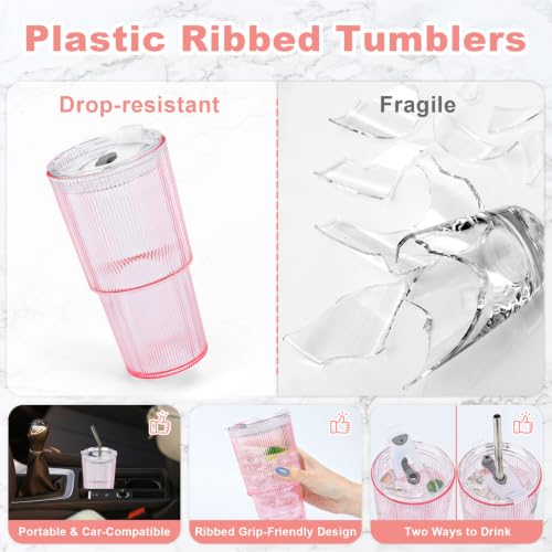 20oz Pink Plastic Ribbed Tumblers Set of 4 with Lids & Straws - Reusable Iced Coffee & Smoothie Cups