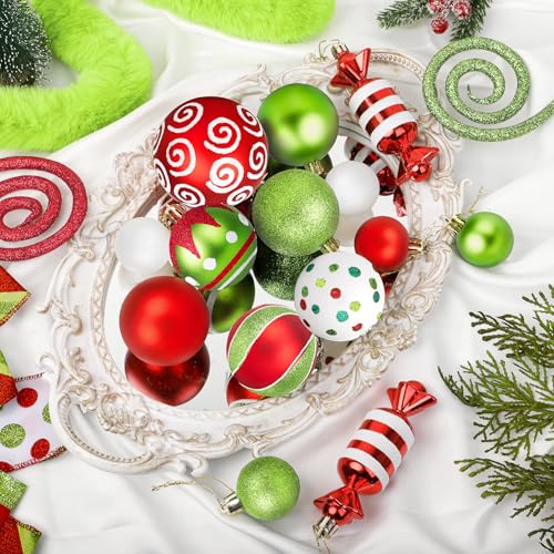 Christmas Decorations 92 Pcs Red Green White Ornaments Set with Glitter & Faux Fur Ribbon