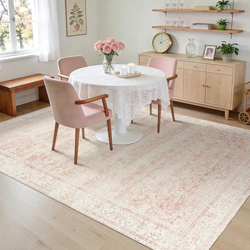 Vintage Floral Pink Nursery Rug - 5x7 Washable Boho Distressed Area Rug