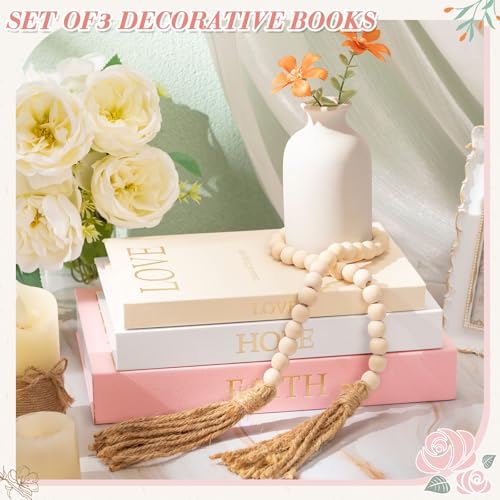 Set of 3 Linen Decorative Books with Beaded Tassel - Hidden Storage Boxes
