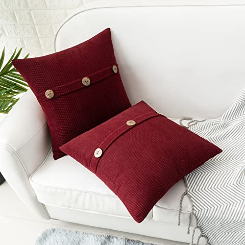 HWY 50 Burgundy Red 18x18 Inch Chenille Throw Pillow Covers (Pack of 2) with 3-Button Detail